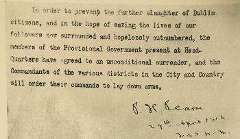 Surrender order extract signed by Pearse<br><i>Courtesy of the Irish Capuchin Provincial Archives</i>
