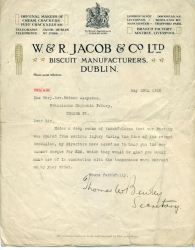 Letter of thanks from Jacob's Factory to the Franciscan Capuchin Priory<br><i>Courtesy of the Irish Capuchin Provincial Archives</i>